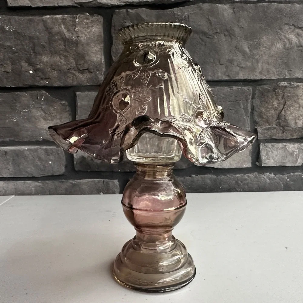 Vintage Fenton Cabbage Rose Glass Fairy Lamp Light Amethyst - 3 Piece - Cottage